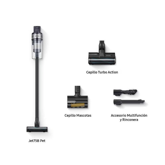 Samsung Aspirador Escoba VS20B75AGR1/WA Jet 75B Pet 21.6V, Batería Recargable 210 Min, Cepillo Turbo y para Mascotas, 200AW Succión, hasta 60 Min Autonomía